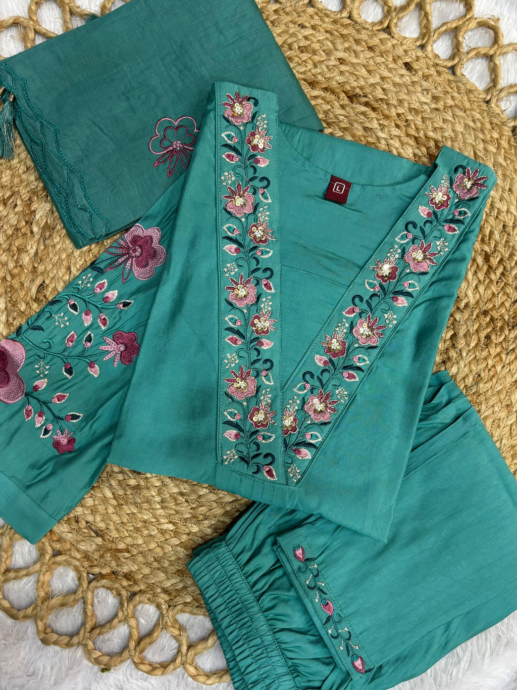 Attractive Sea Green Embroidered Viscose Marina Silk Suit Set