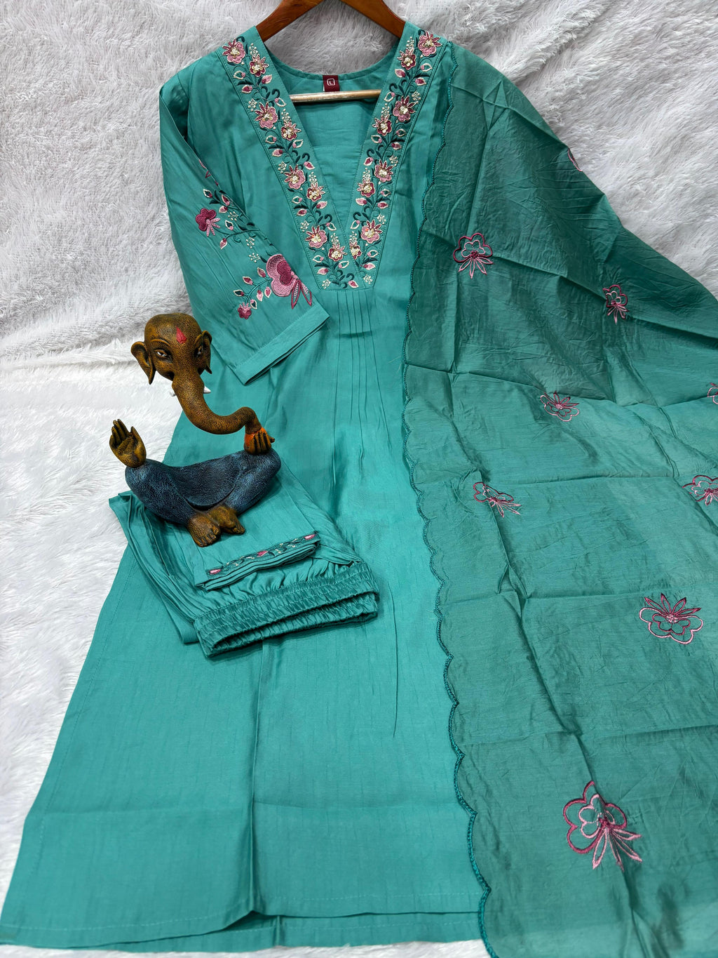 Attractive Sea Green Embroidered Viscose Marina Silk Suit Set