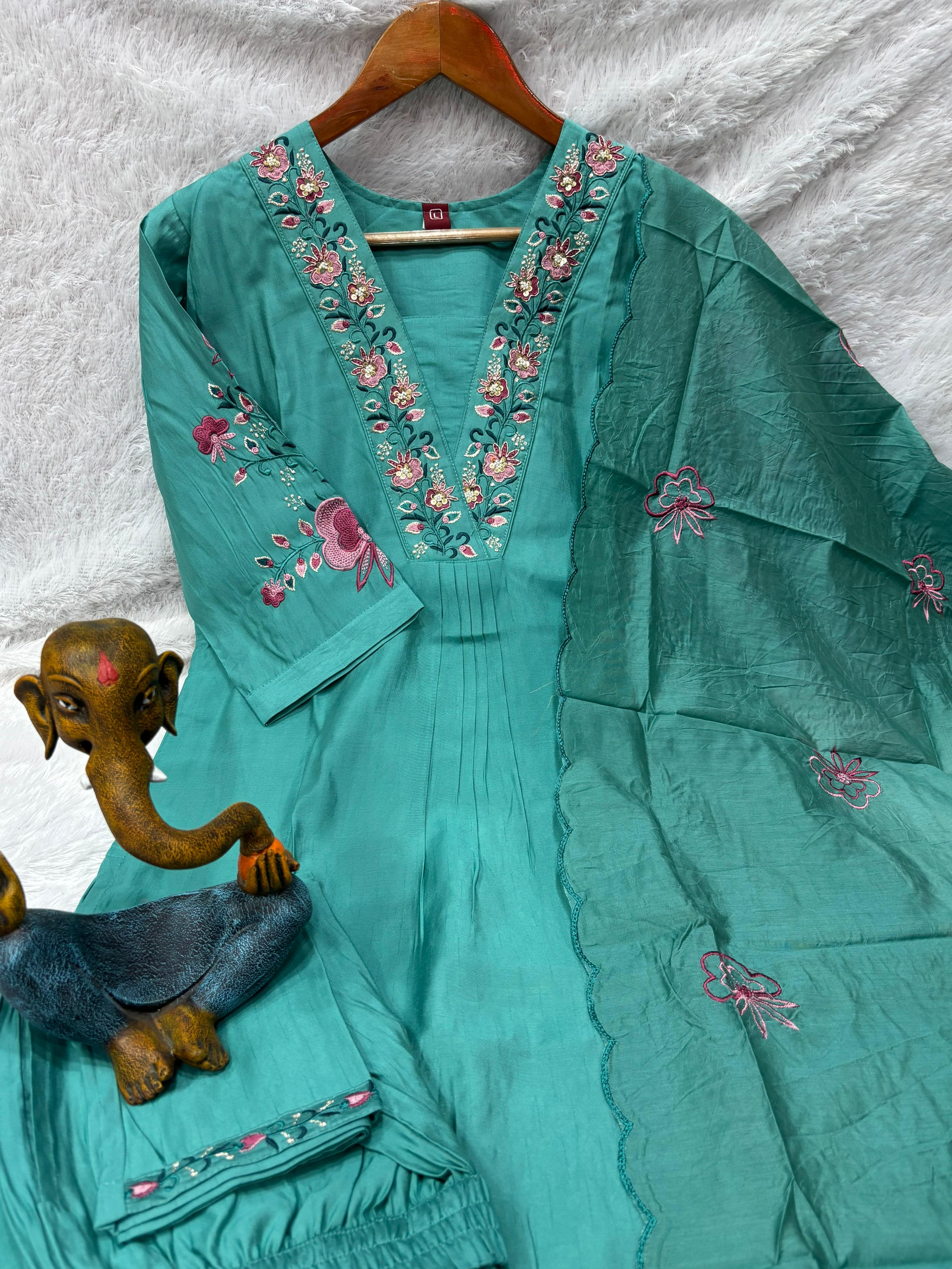 Attractive Sea Green Embroidered Viscose Marina Silk Suit Set