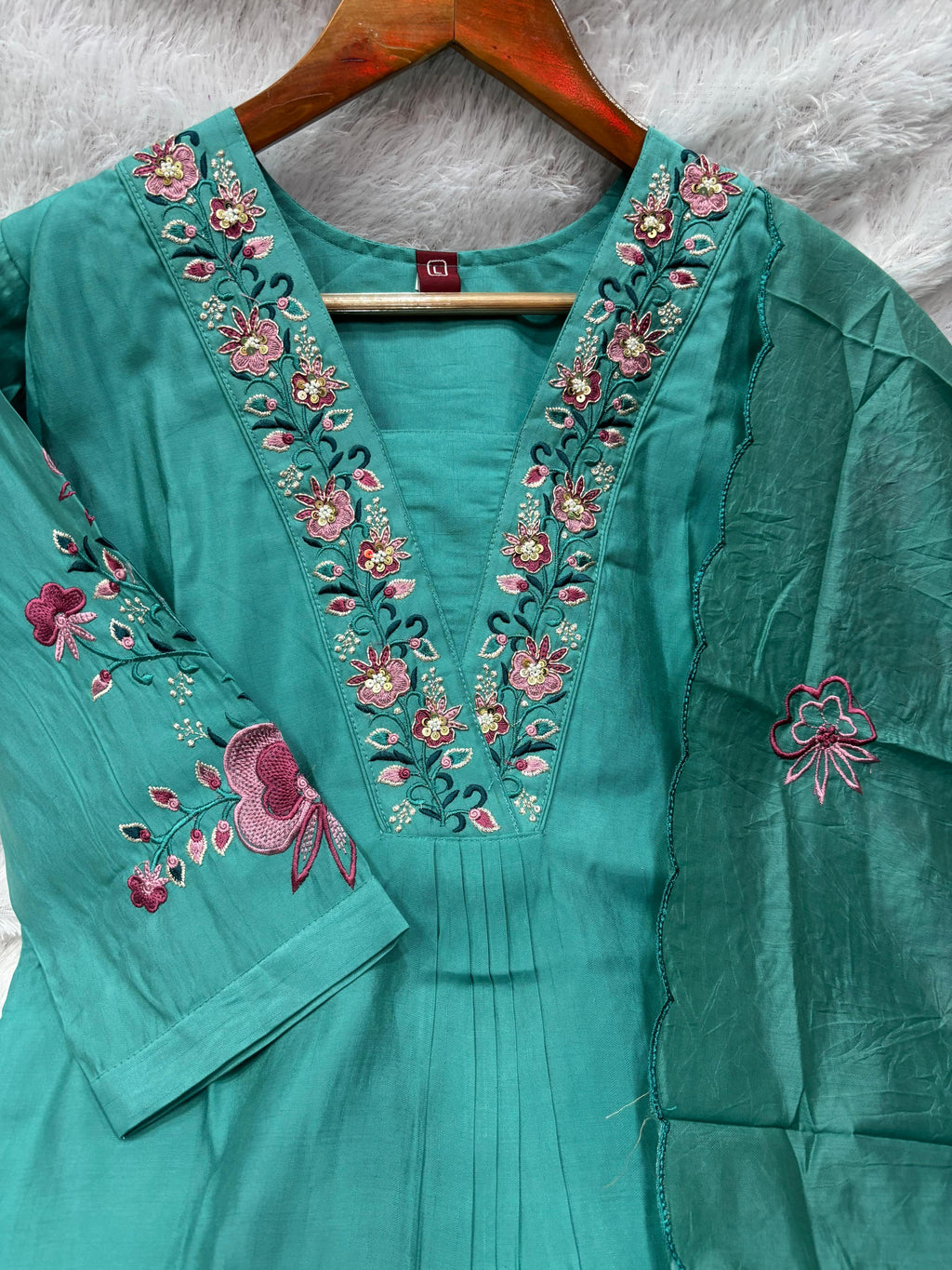 Attractive Sea Green Embroidered Viscose Marina Silk Suit Set