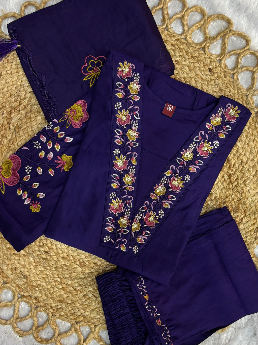 Premium Royal Purple Embroidered Viscose Marina Silk Suit Set
