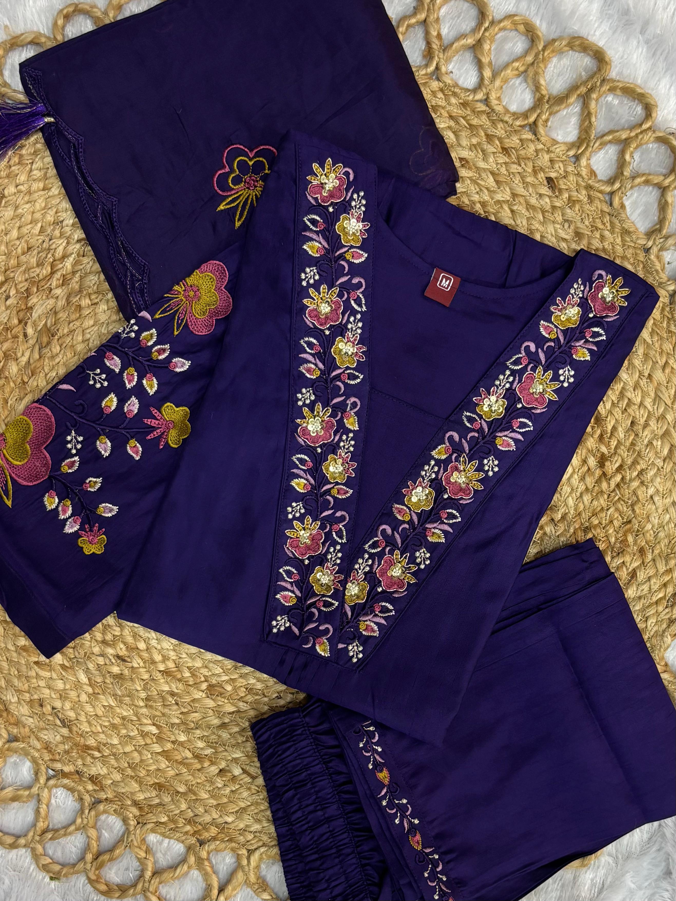 Premium Royal Purple Embroidered Viscose Marina Silk Suit Set