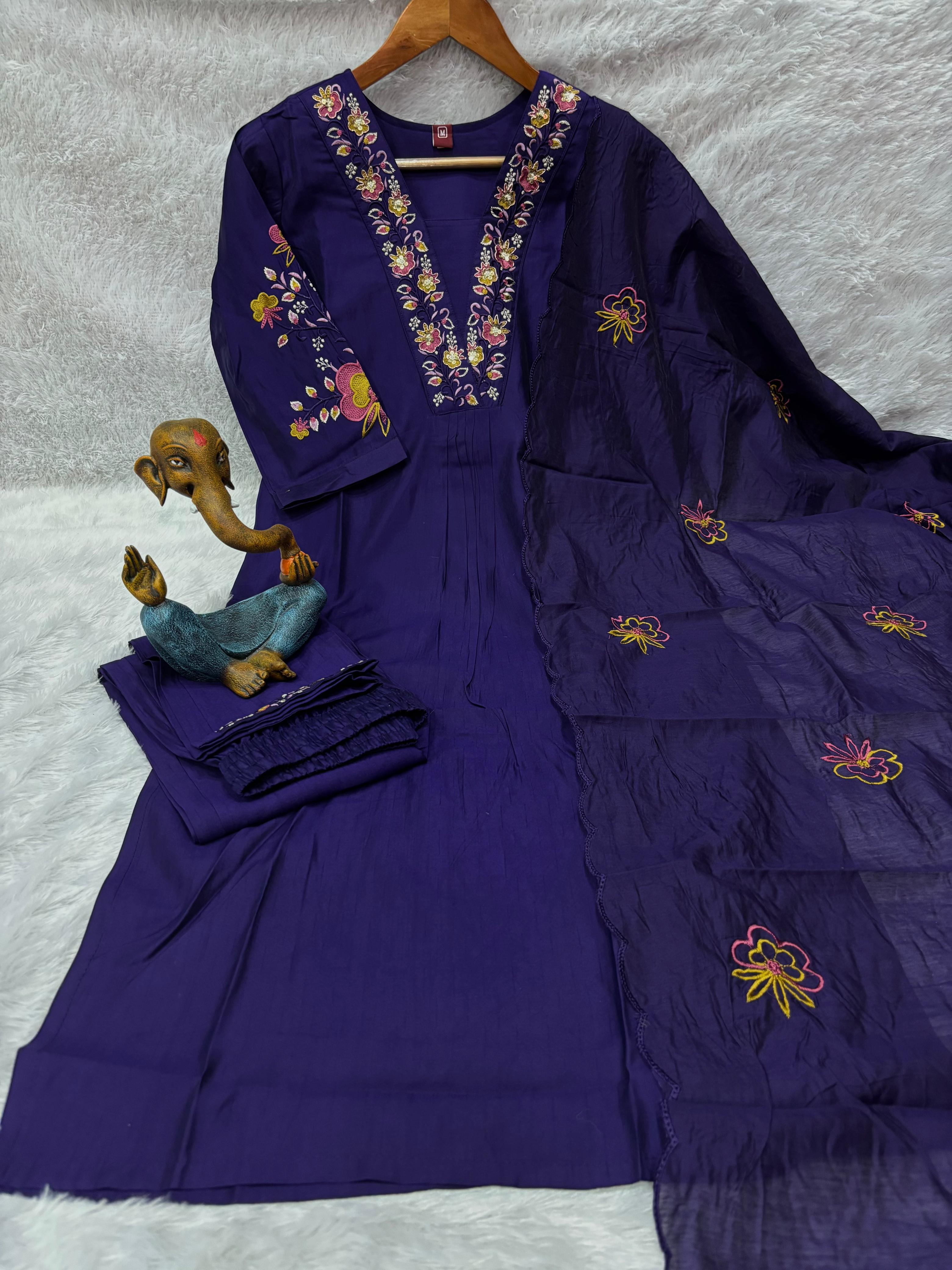 Premium Royal Purple Embroidered Viscose Marina Silk Suit Set
