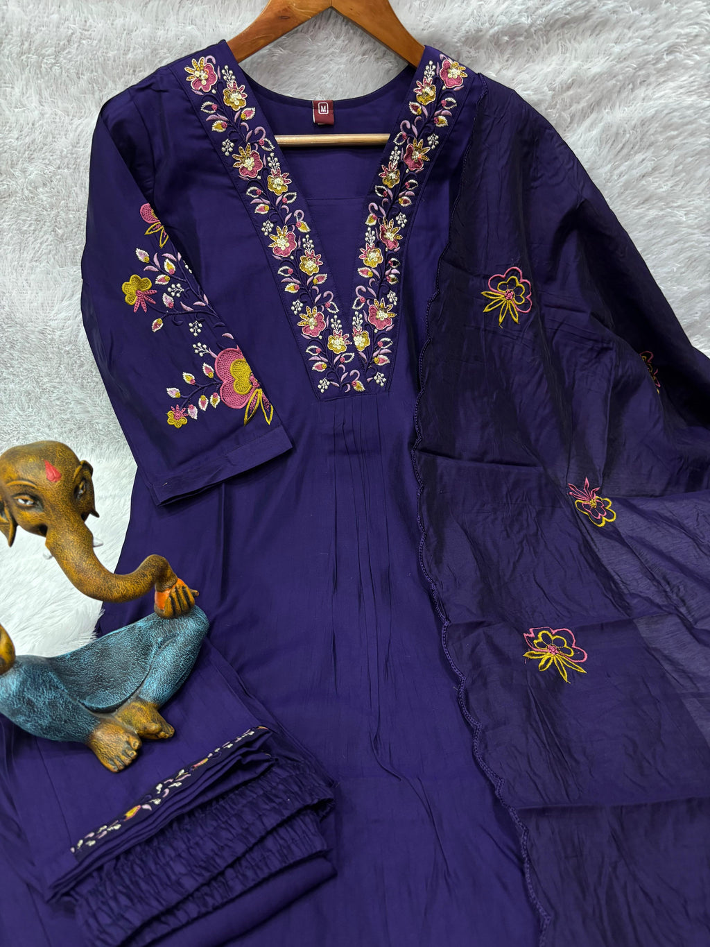 Premium Royal Purple Embroidered Viscose Marina Silk Suit Set