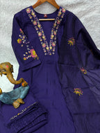 Premium Royal Purple Embroidered Viscose Marina Silk Suit Set