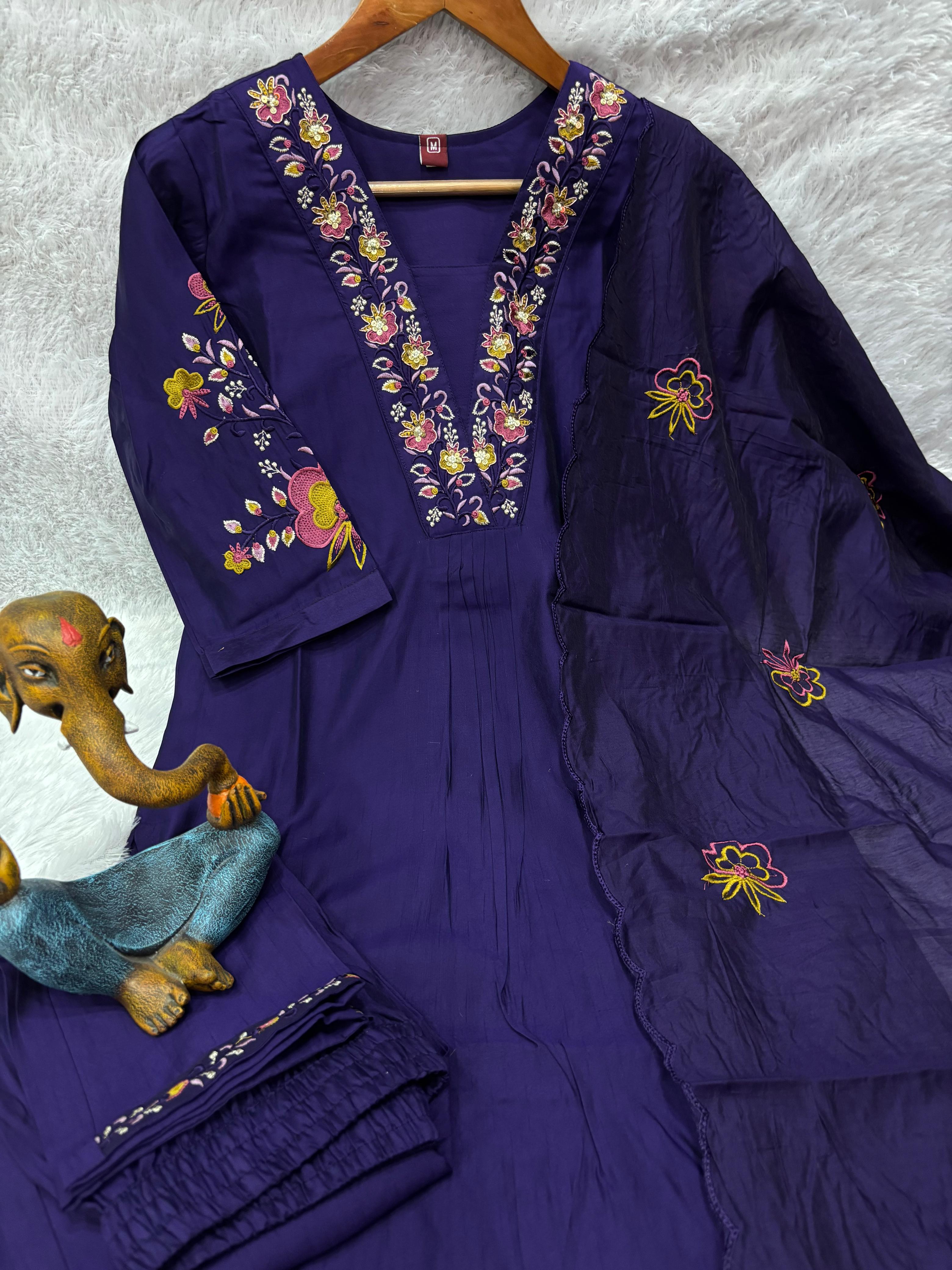 Premium Royal Purple Embroidered Viscose Marina Silk Suit Set