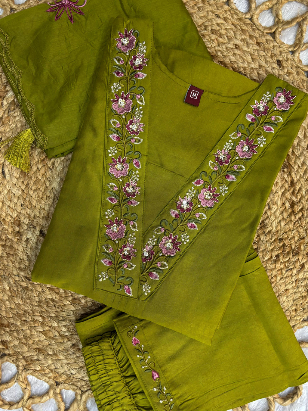 Graceful Olive Green Embroidered Viscose Marina Silk Suit Set