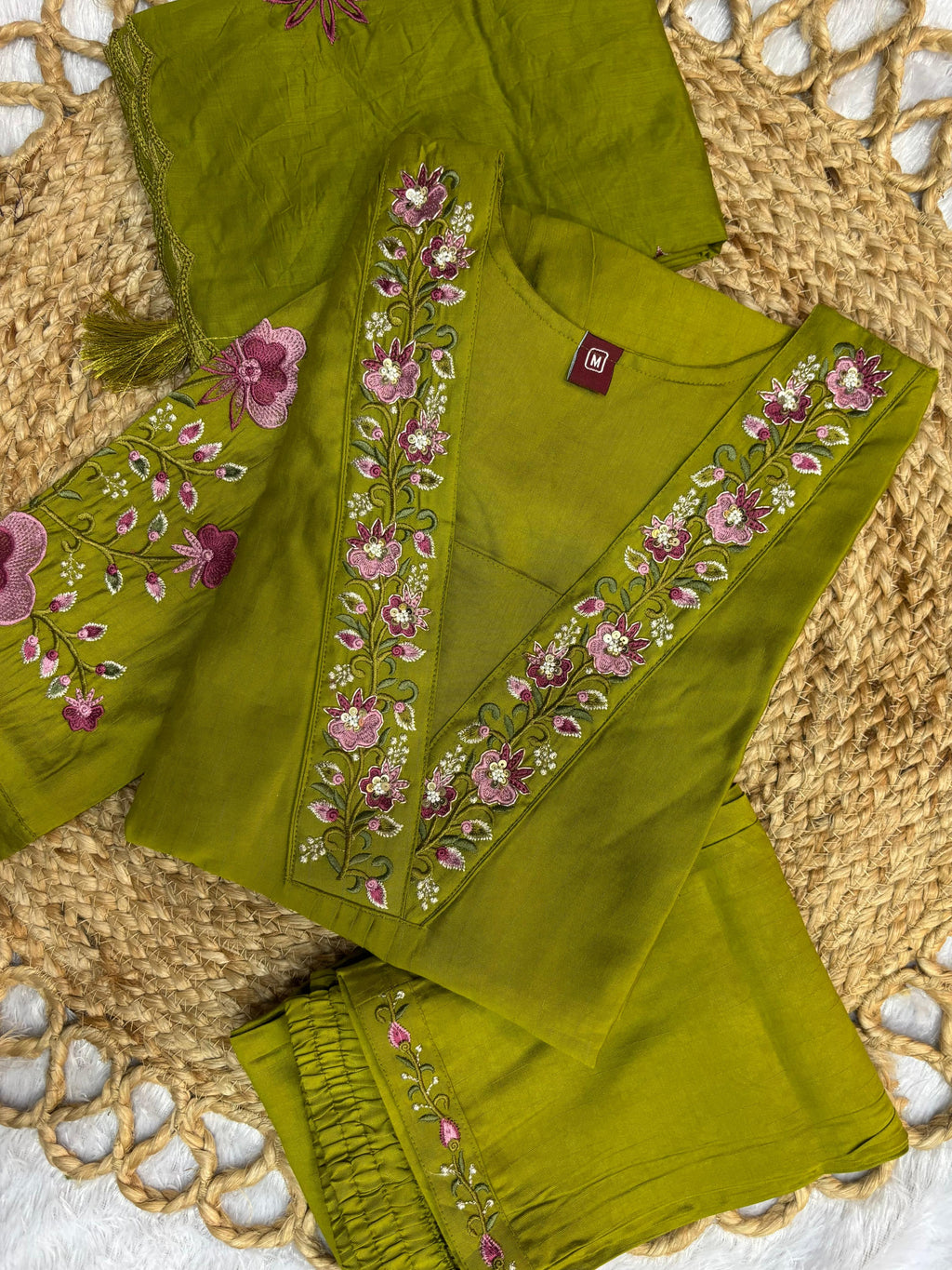 Graceful Olive Green Embroidered Viscose Marina Silk Suit Set
