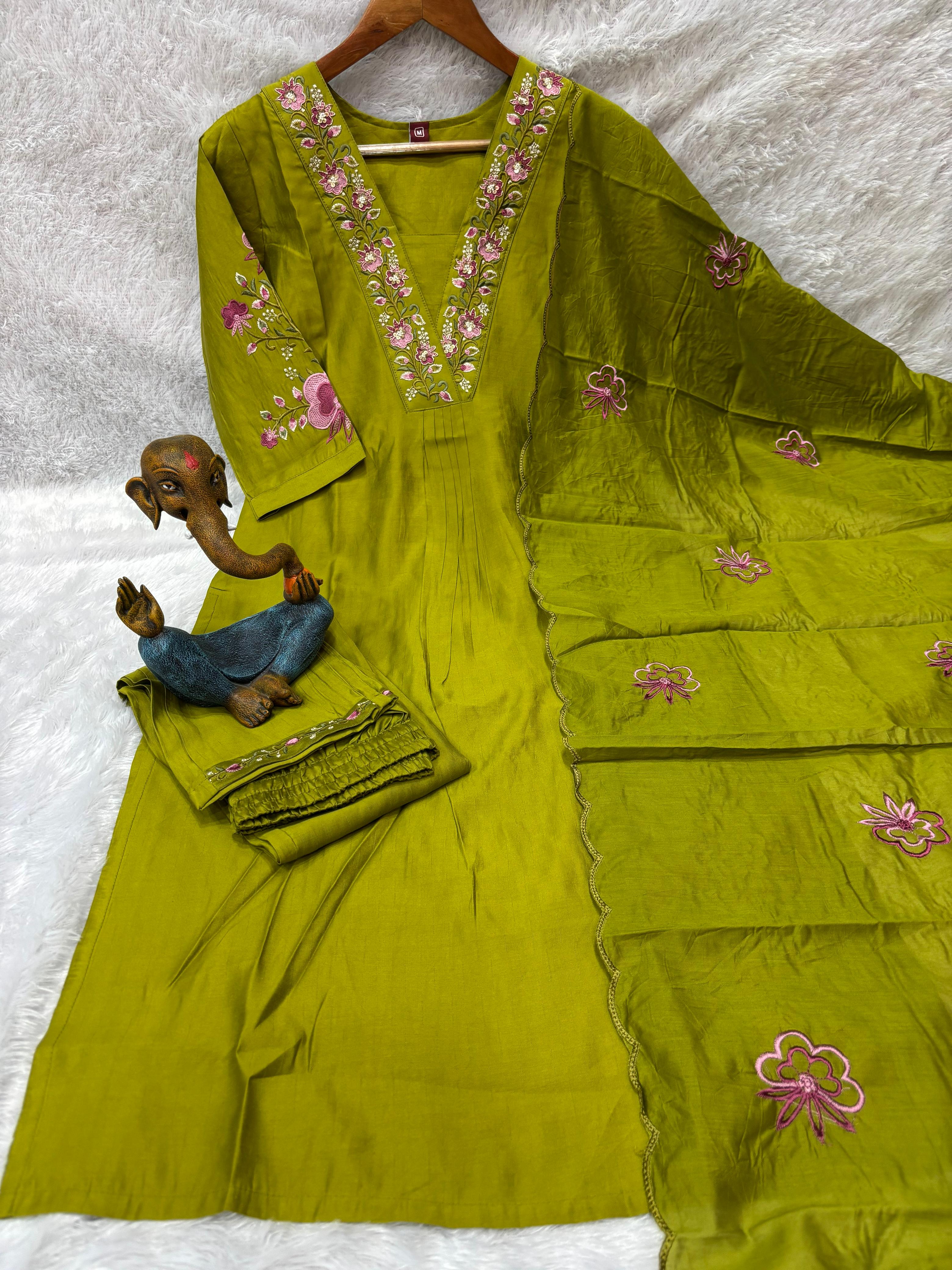 Graceful Olive Green Embroidered Viscose Marina Silk Suit Set