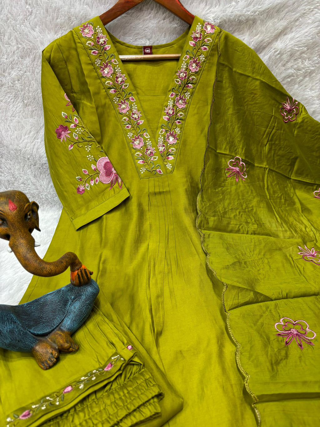 Graceful Olive Green Embroidered Viscose Marina Silk Suit Set