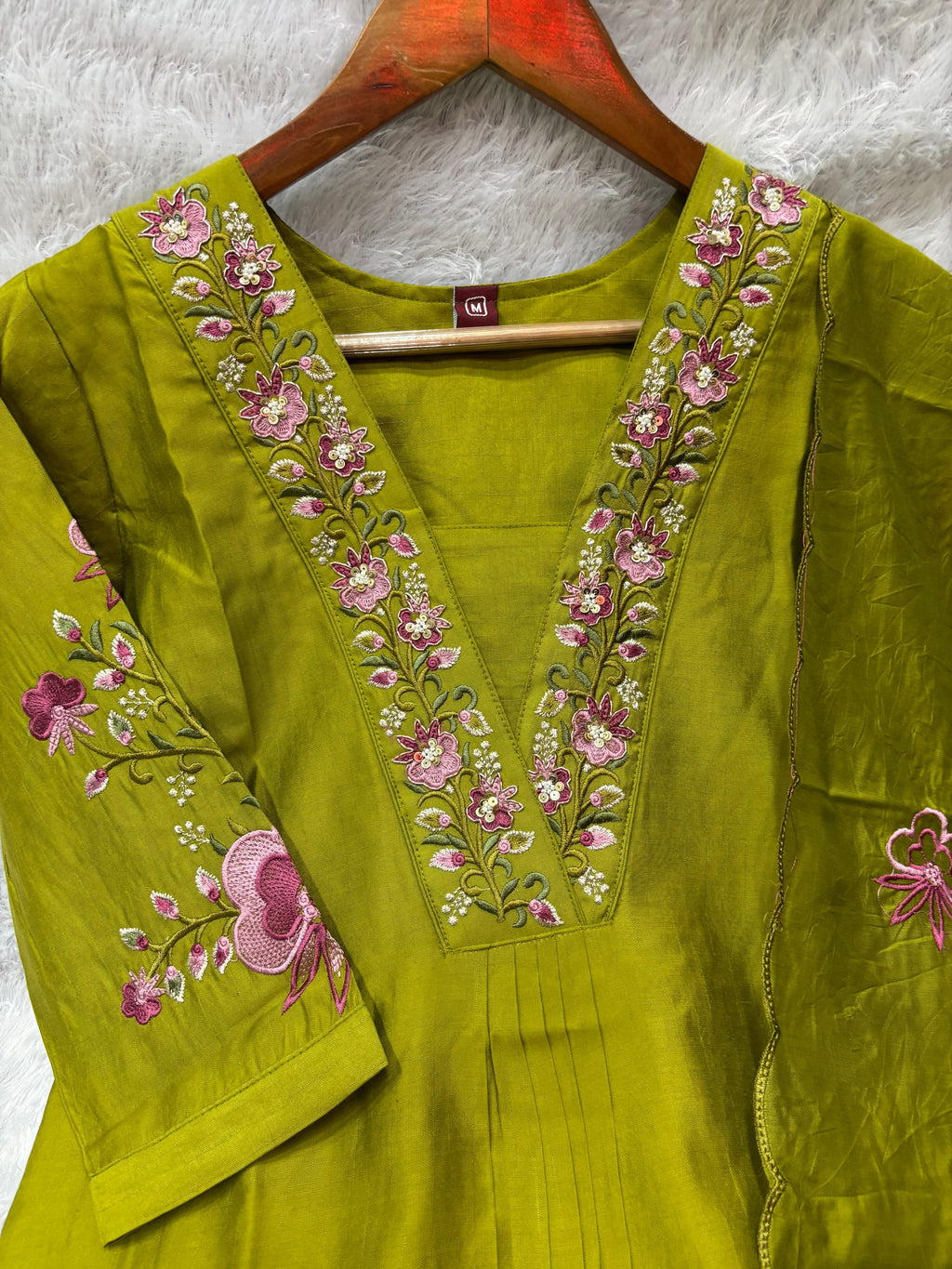 Graceful Olive Green Embroidered Viscose Marina Silk Suit Set