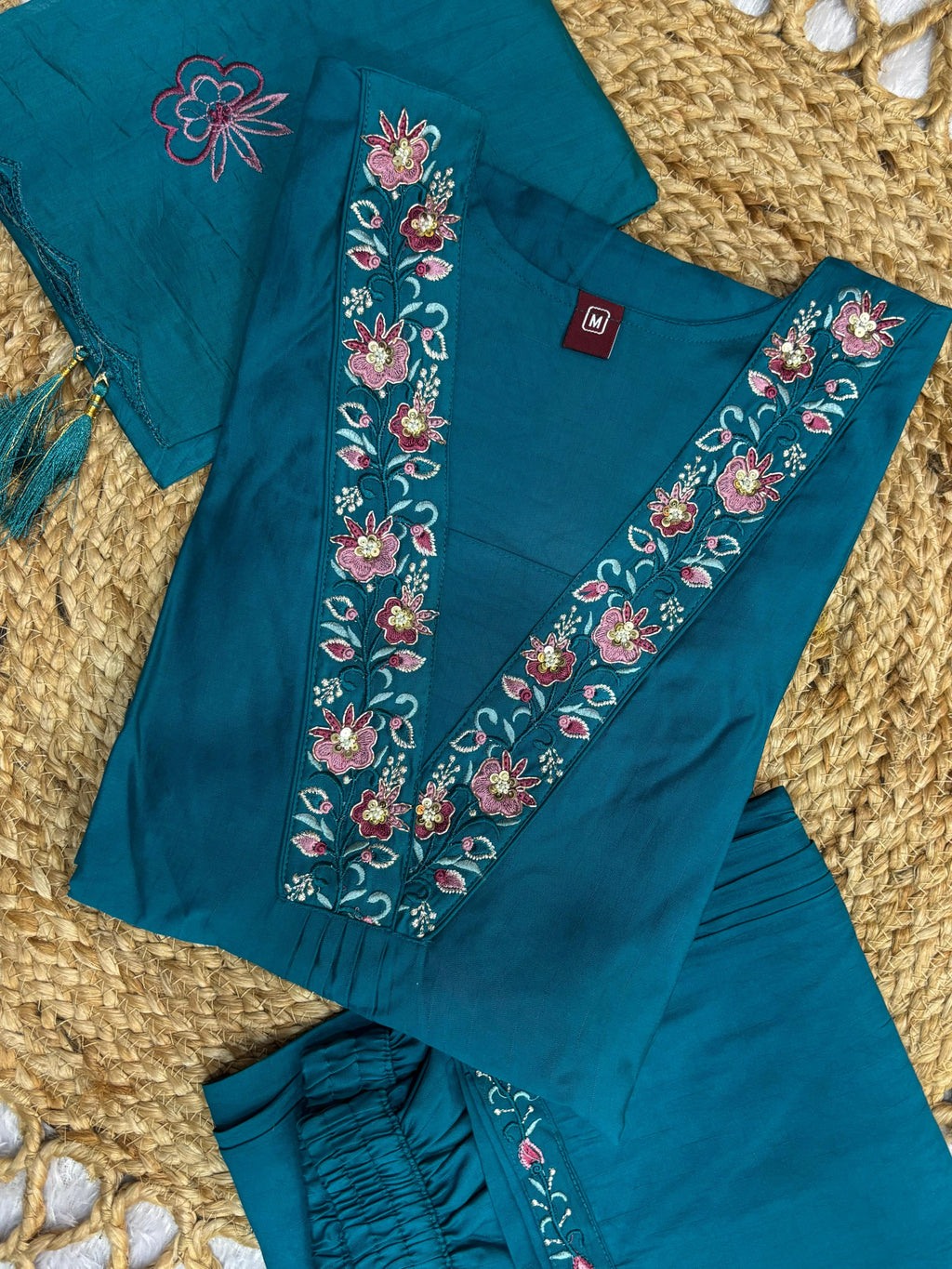 Elegant Teal Blue Embroidered Viscose Marina Silk Suit Set