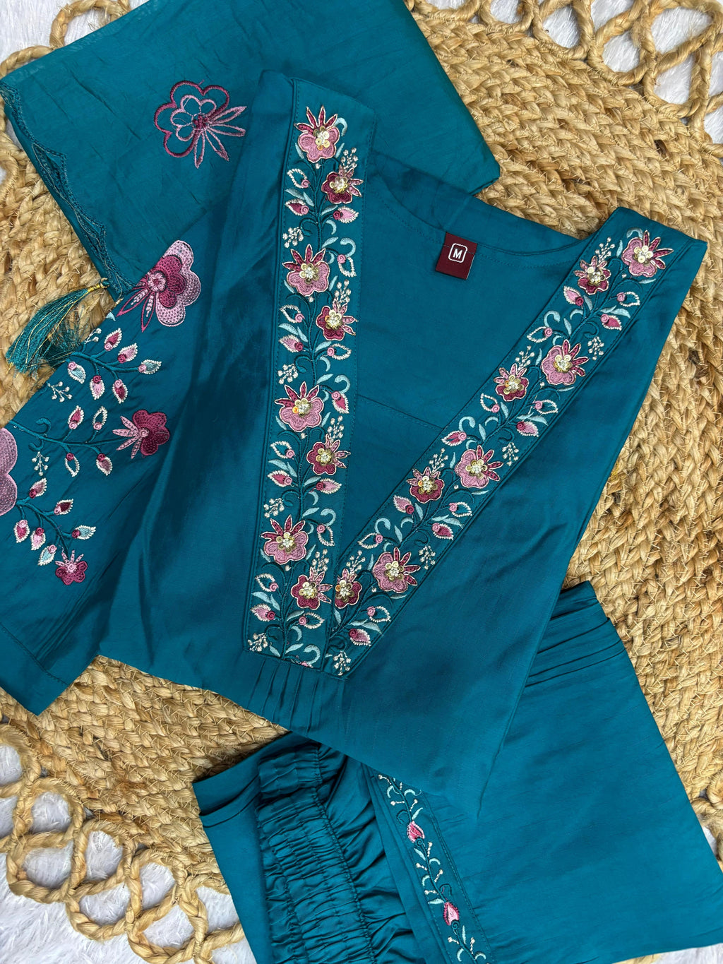 Elegant Teal Blue Embroidered Viscose Marina Silk Suit Set