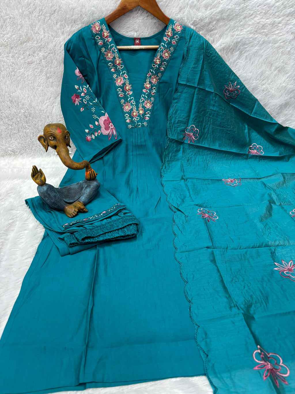 Elegant Teal Blue Embroidered Viscose Marina Silk Suit Set