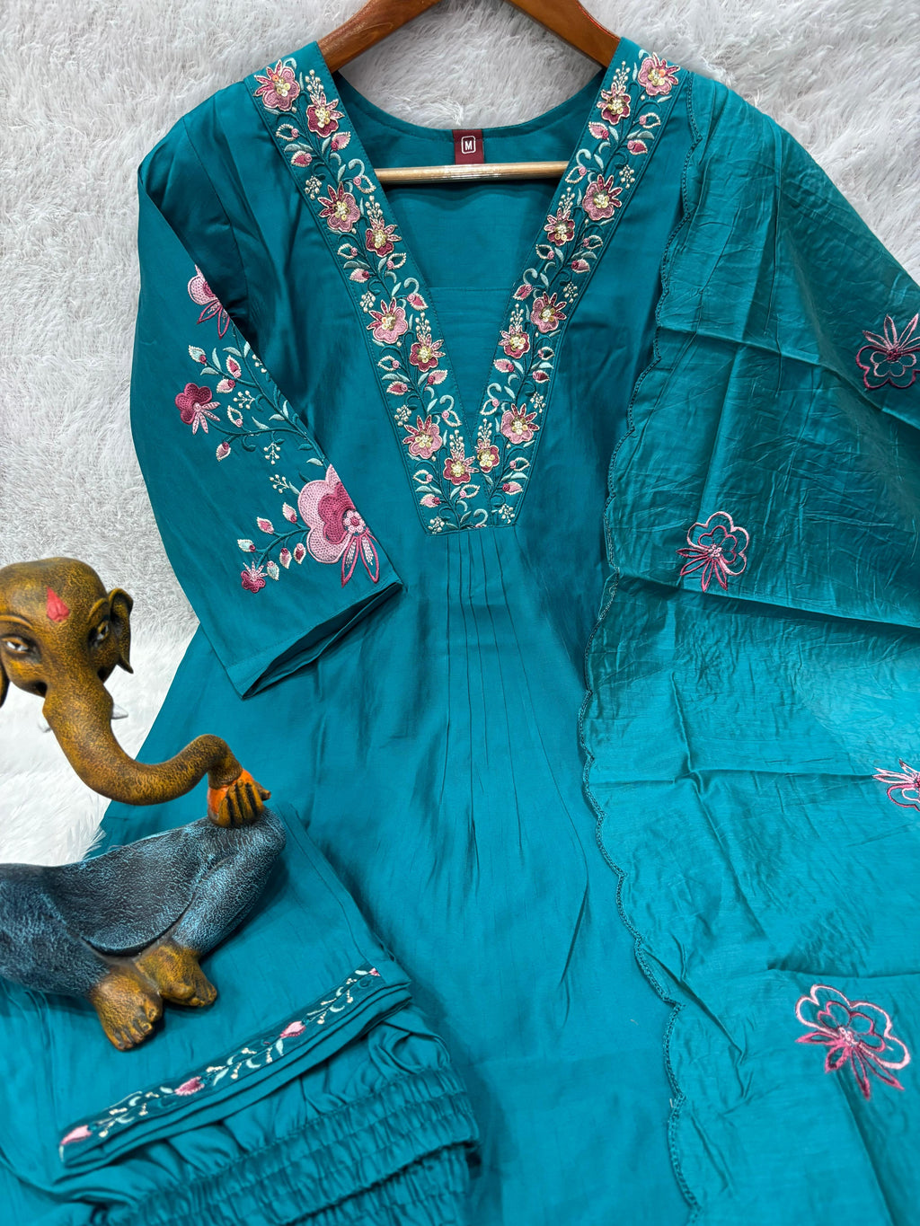 Elegant Teal Blue Embroidered Viscose Marina Silk Suit Set