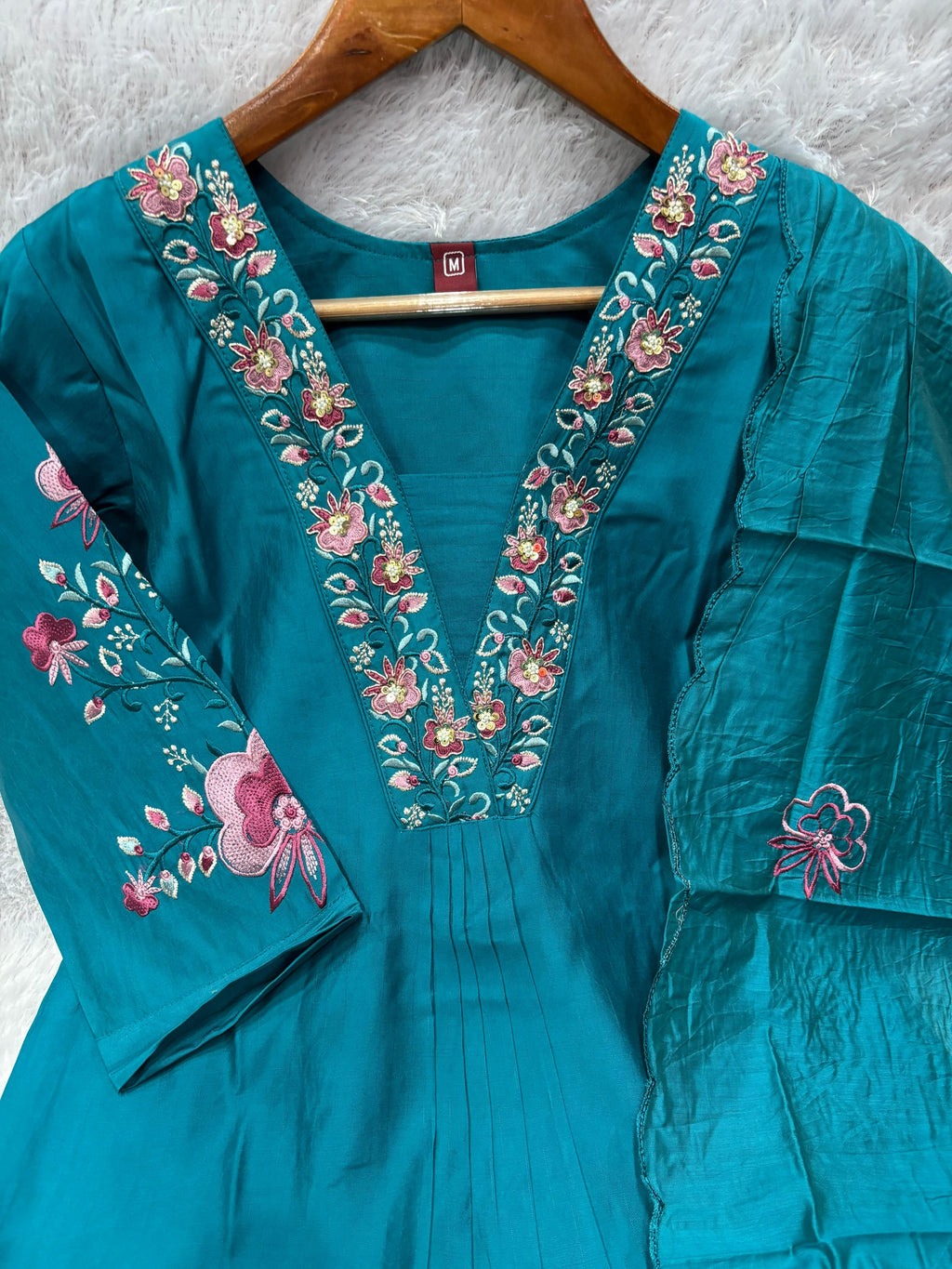 Elegant Teal Blue Embroidered Viscose Marina Silk Suit Set