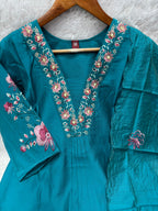 Elegant Teal Blue Embroidered Viscose Marina Silk Suit Set