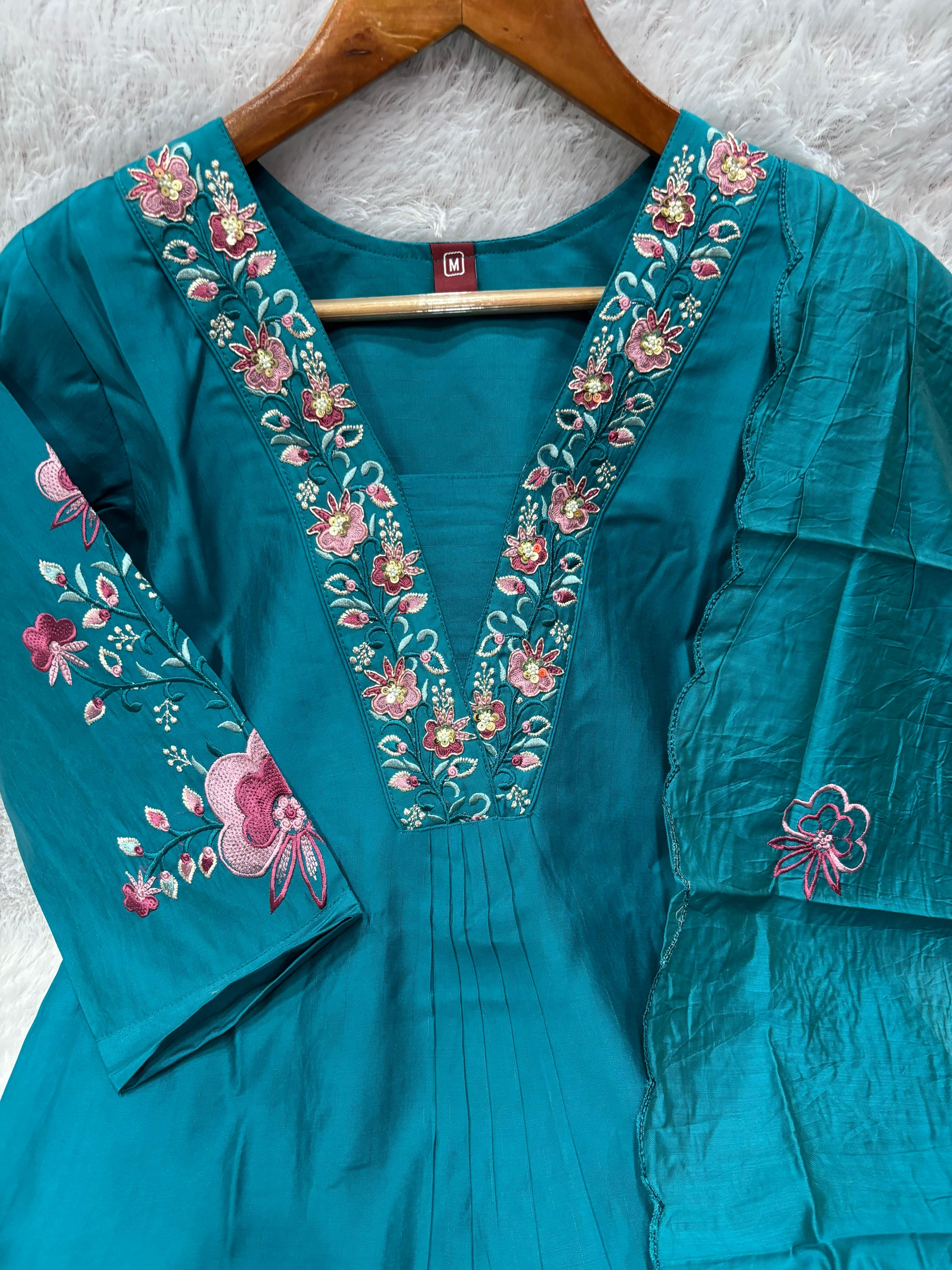 Elegant Teal Blue Embroidered Viscose Marina Silk Suit Set