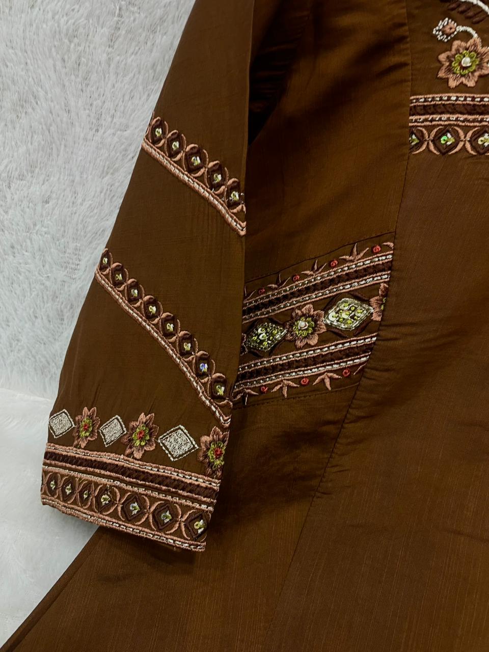 Elegant Coffee Brown Viscose Mango Silk Embroidered Suit Set