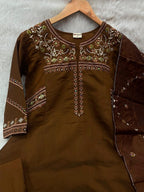 Elegant Coffee Brown Viscose Mango Silk Embroidered Suit Set