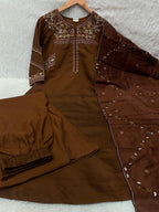 Elegant Coffee Brown Viscose Mango Silk Embroidered Suit Set