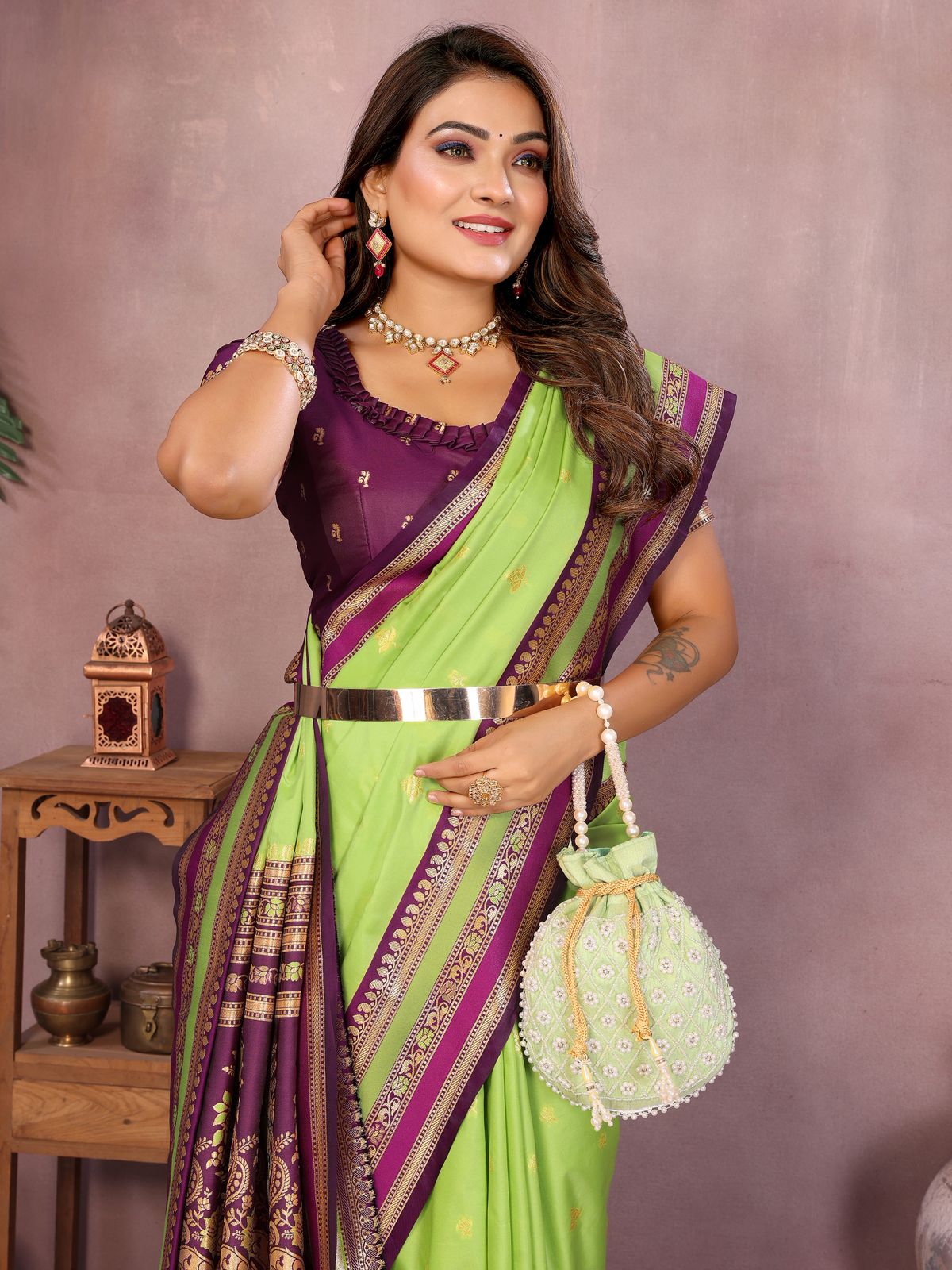 Premium Kalamkari Silk Saree in Lime Green with Traditional Zari Woven Border