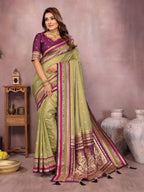 Premium Kalamkari Silk Saree | Olive Green & Purple | Rich Zari Woven Border | Designer Wedding & Festive Wear