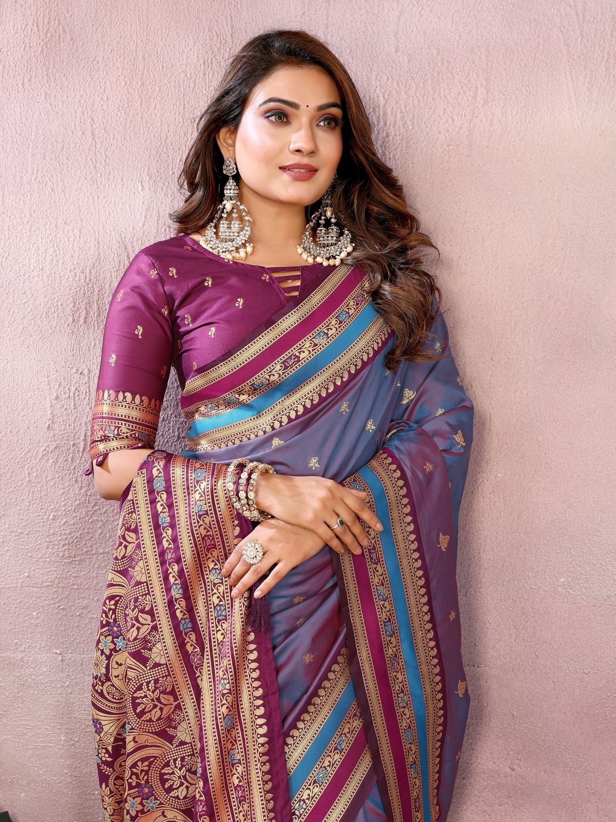 Premium Handloom Kalamkari Silk Saree with Rich Zari Woven Borders & Designer Pallu | Blue & Wine Purple