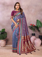 Premium Handloom Kalamkari Silk Saree with Rich Zari Woven Borders & Designer Pallu | Blue & Wine Purple
