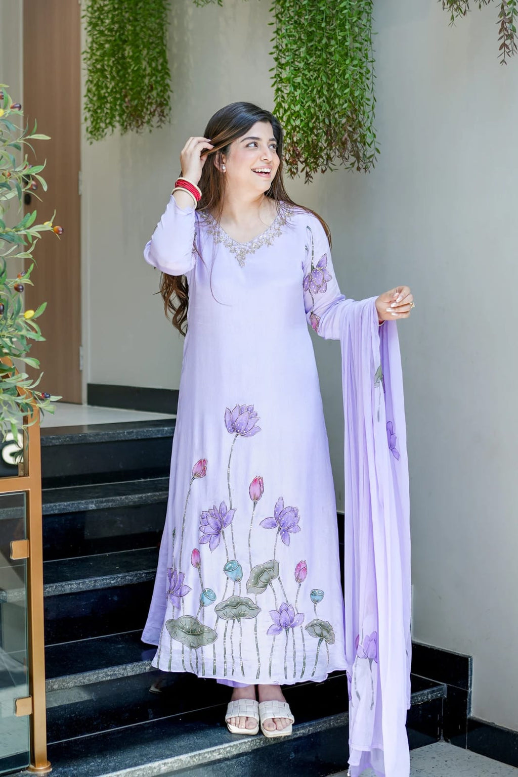 Lavender Chinon Flared Kurta Set for Women