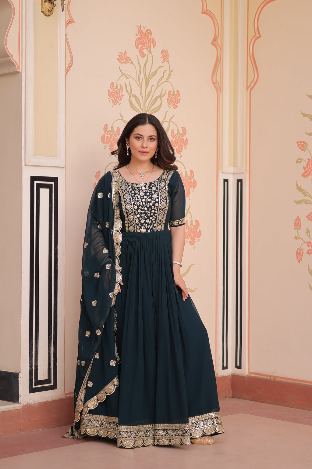 Rama Embroidered Zari Sequins Gown with Dupatta