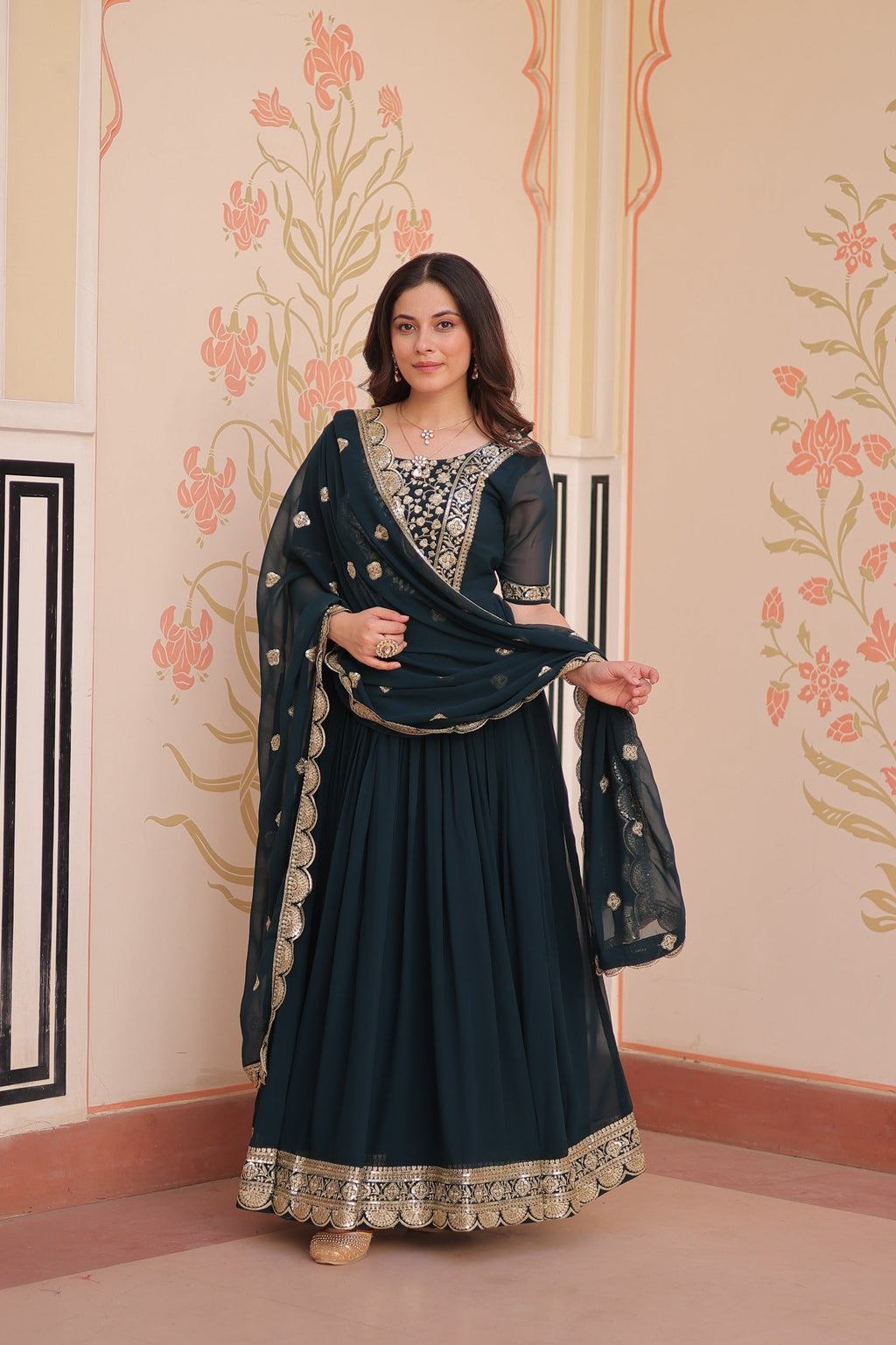 Rama Embroidered Zari Sequins Gown with Dupatta
