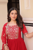 Red Embroidered Zari Sequins Gown with Dupatta