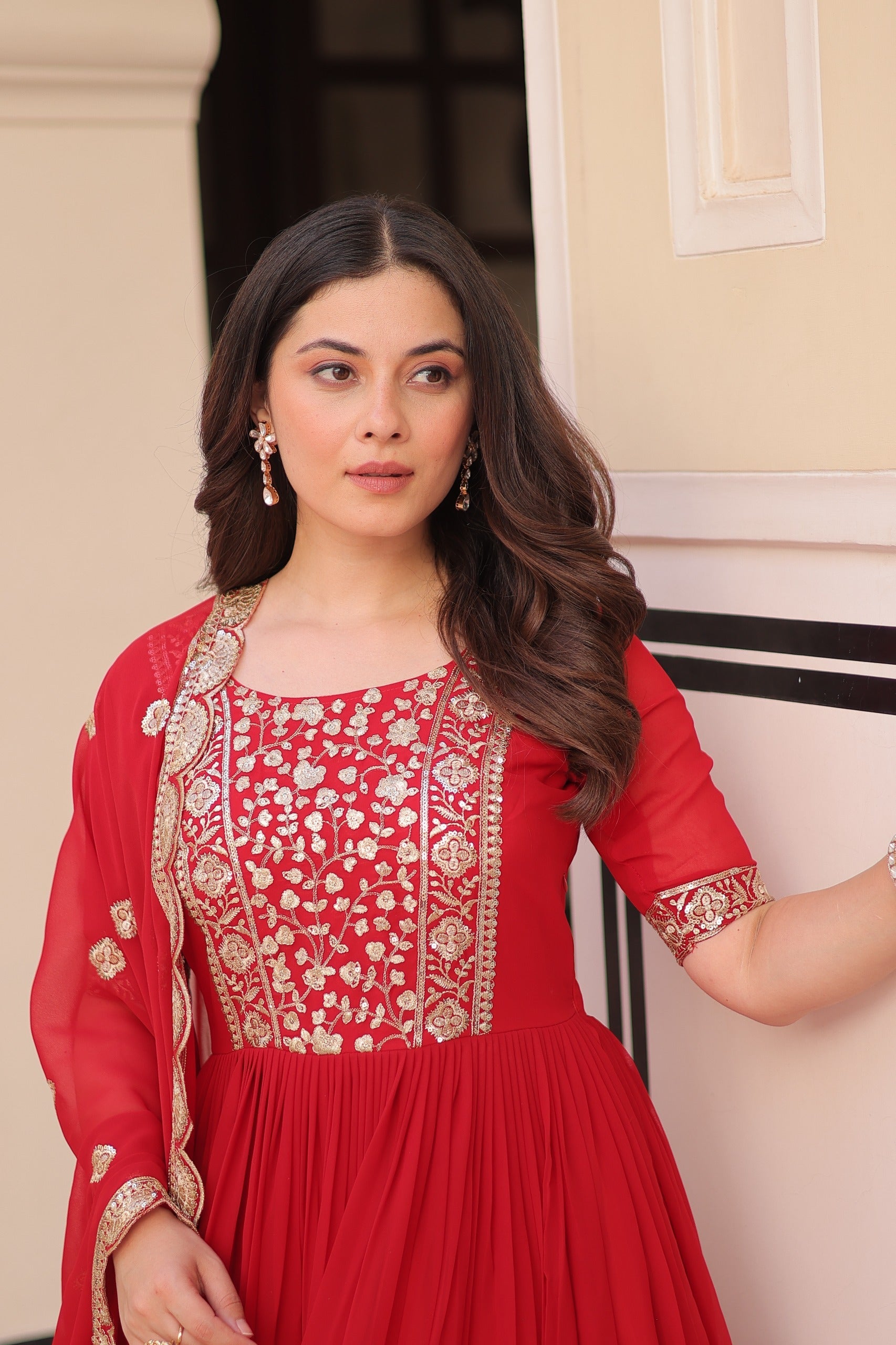 Red Embroidered Zari Sequins Gown with Dupatta