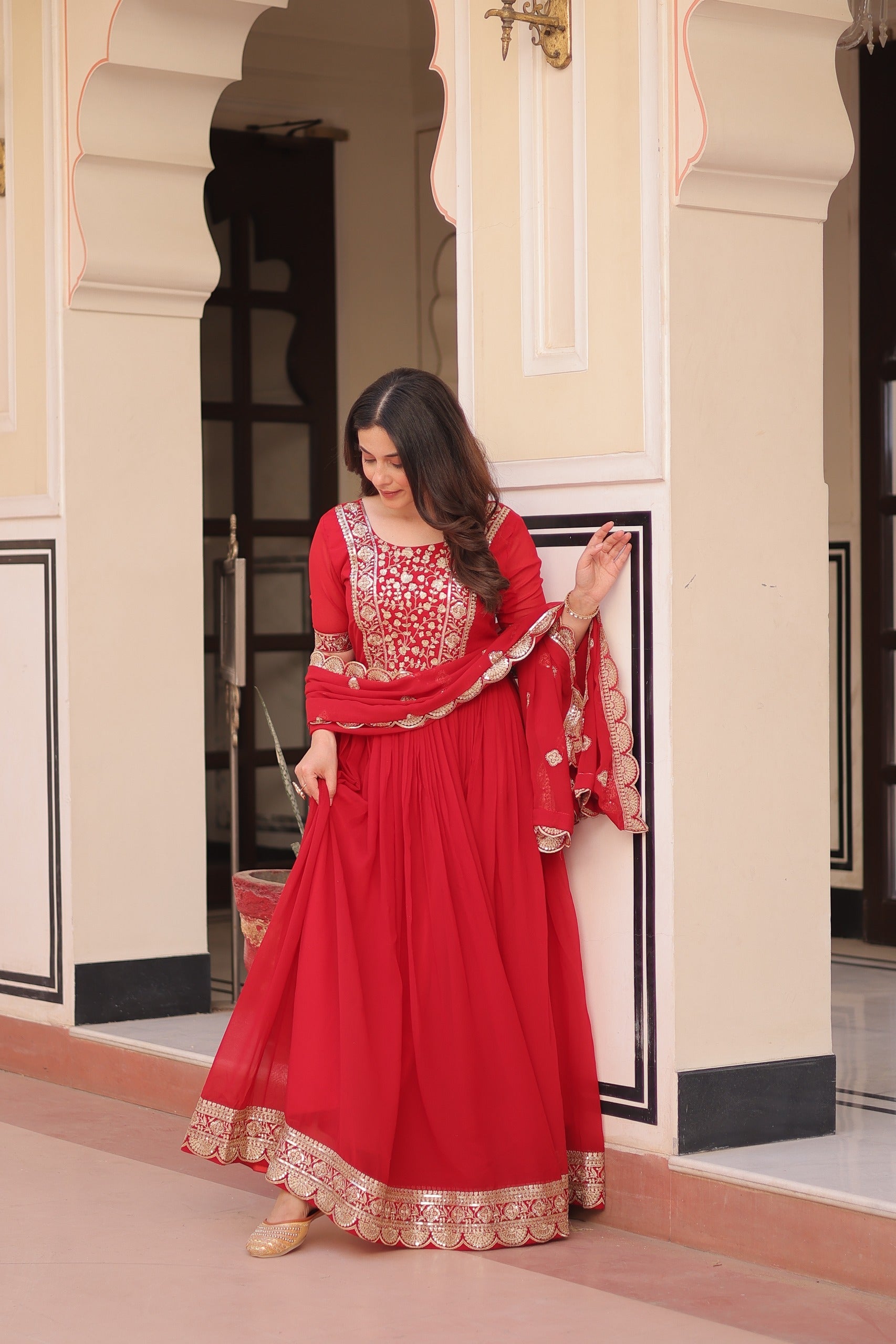 Red Embroidered Zari Sequins Gown with Dupatta