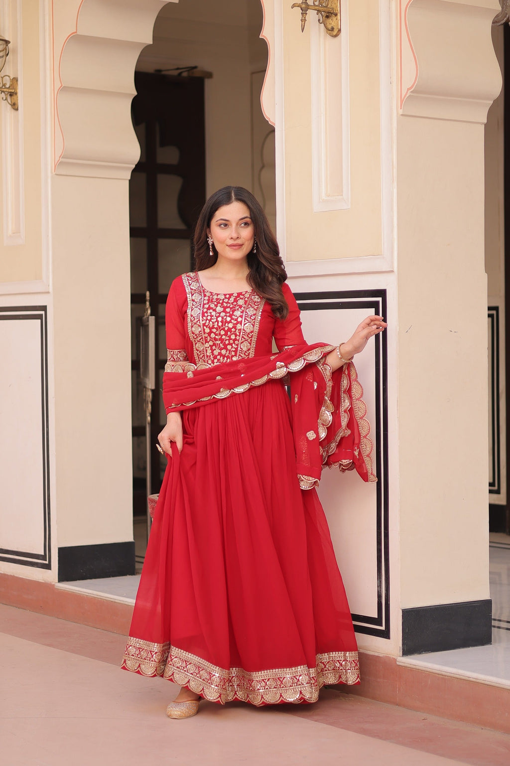 Red Embroidered Zari Sequins Gown with Dupatta