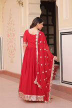 Red Embroidered Zari Sequins Gown with Dupatta
