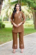 Classic Brown Heavy Rayon Embroidered Co-Ord Set