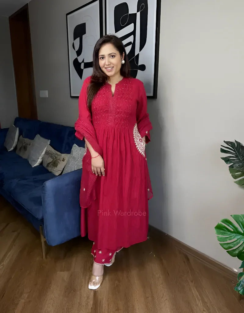 Designer Pure Mul Cotton Embroidered Suit Set with Dupatta