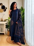 Pure Cotton Navy Blue Patchwork A-Line Kurta Pant Dupatta Set