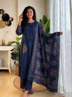Pure Cotton Navy Blue Patchwork A-Line Kurta Pant Dupatta Set