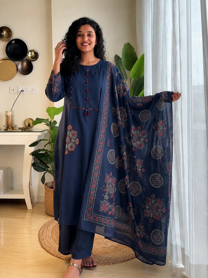 Pure Cotton Navy Blue Patchwork A-Line Kurta Pant Dupatta Set