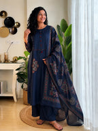 Pure Cotton Navy Blue Patchwork A-Line Kurta Pant Dupatta Set