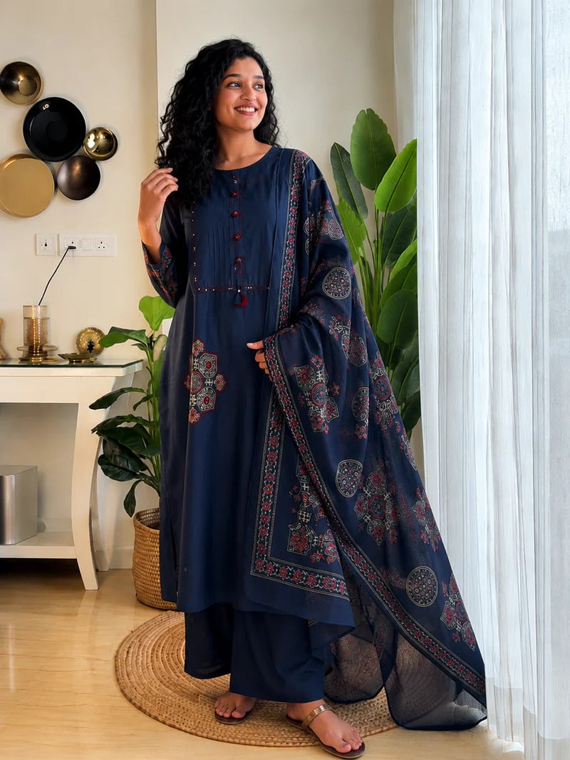 Pure Cotton Navy Blue Patchwork A-Line Kurta Pant Dupatta Set
