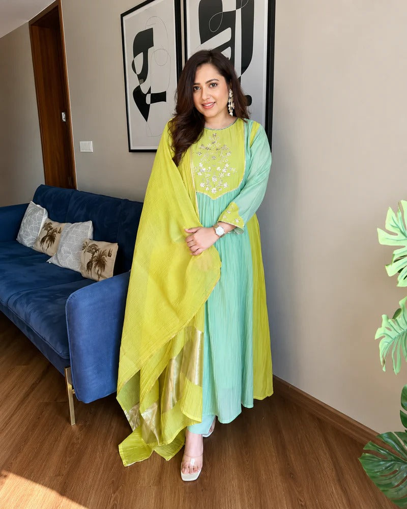 Premium Mul Cotton Embroidered Anarkali Suit Set