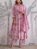 Premium Floral Printed Pure Jaipuri Cotton Anarkali Suit Set