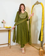Elegant Olive Green Mul Chanderi Embroidered Anarkali Suit Set with Dupatta