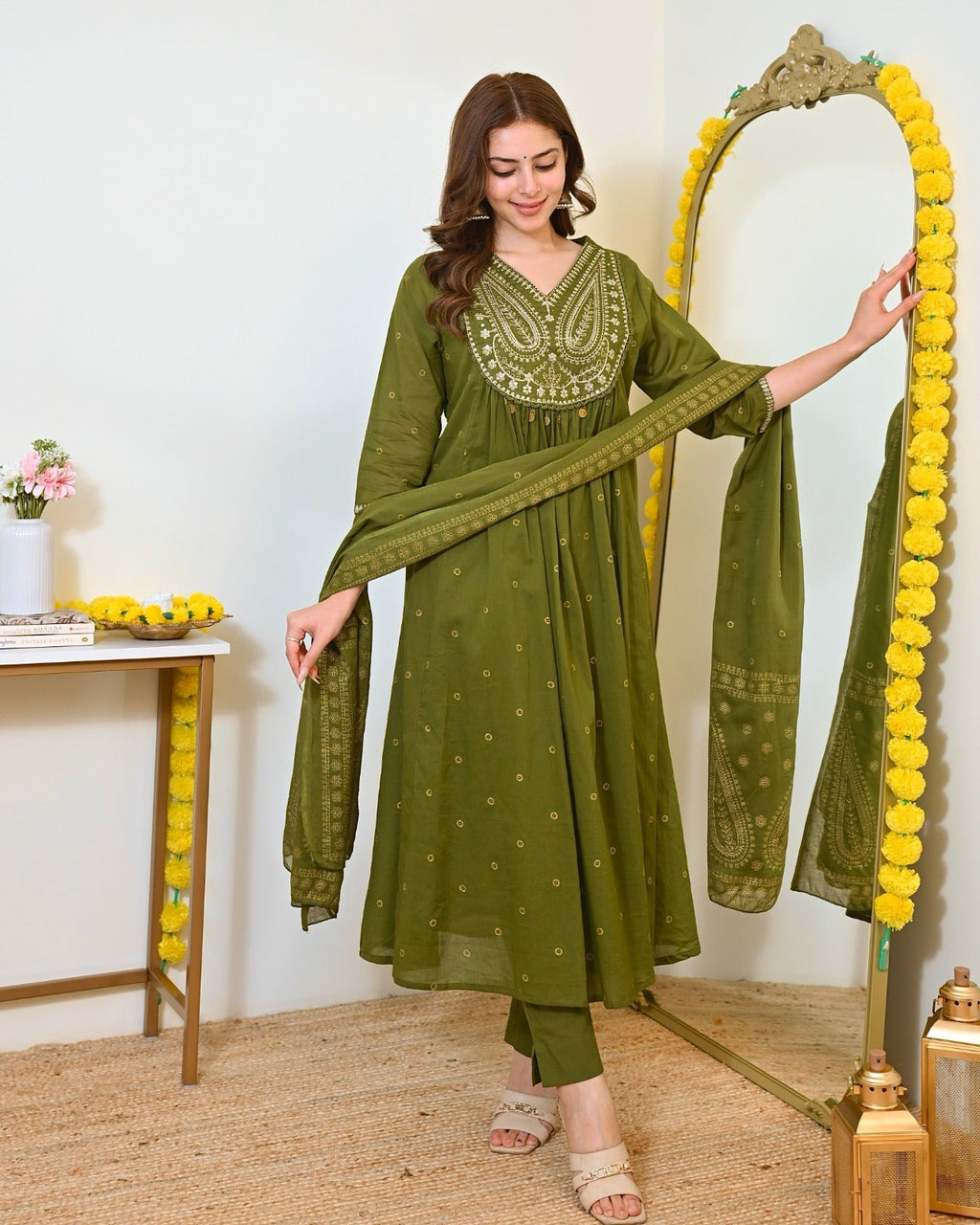Elegant Olive Green Mul Chanderi Embroidered Anarkali Suit Set with Dupatta