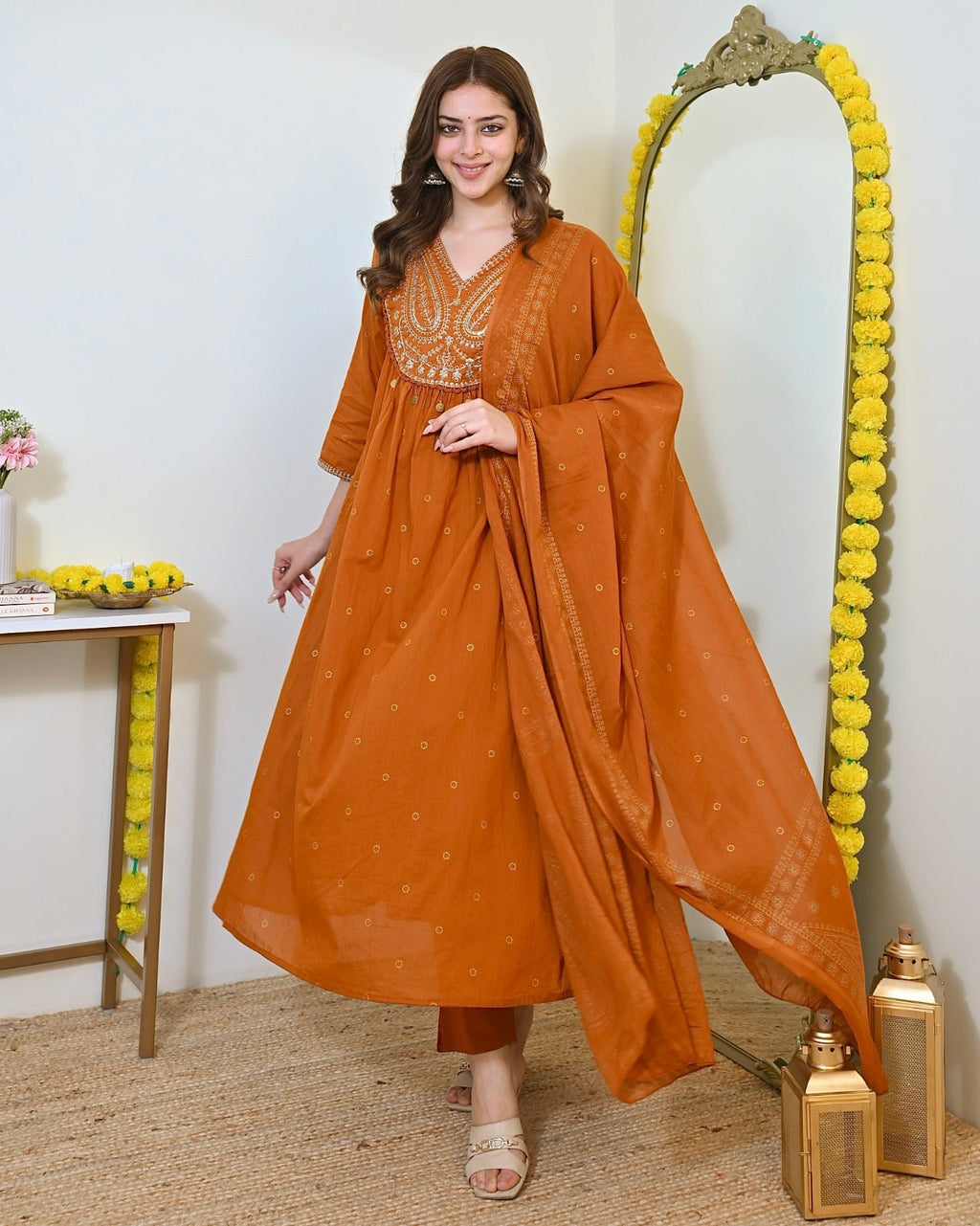 Elegant Orange Mul Chanderi Embroidered Anarkali Suit Set with Dupatta