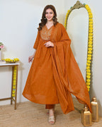 Elegant Orange Mul Chanderi Embroidered Anarkali Suit Set with Dupatta